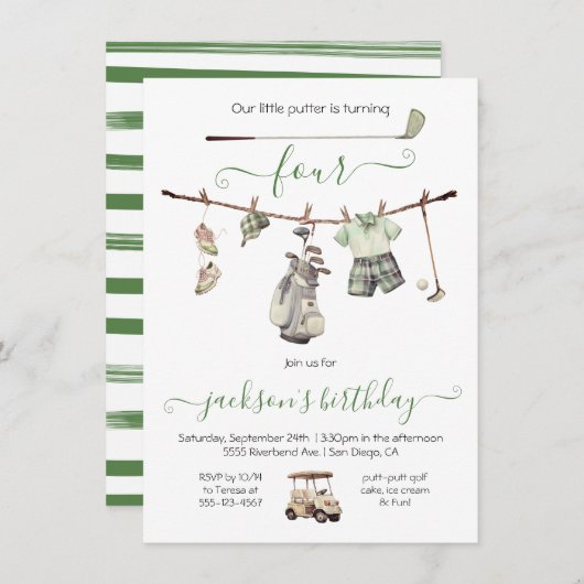 ゴルフ名門私立校風のボーイ誕生日パーティー 招待状 (正面/裏面)