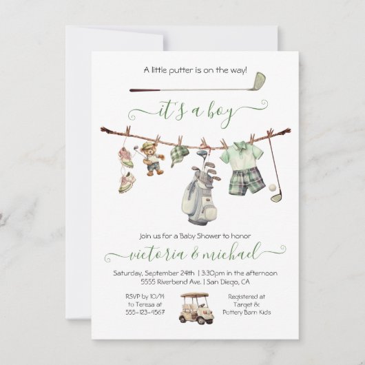 ゴルフ名門私立校風のボーイ赤ちゃんシャワー 招待状 (正面)