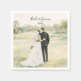 ゴルフ場での結婚式 新婦と新郎がパッティンググリーンで スタンダードカクテルナプキン