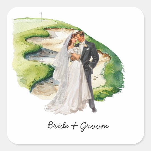 ゴルフ場での花婿花嫁ゴルファーの結婚式 スクエアシール (正面)