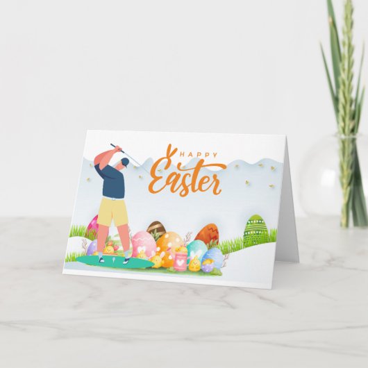 ゴルフ場で卵を持つゴルファーへのゴルフイースター シーズンカード (正面)