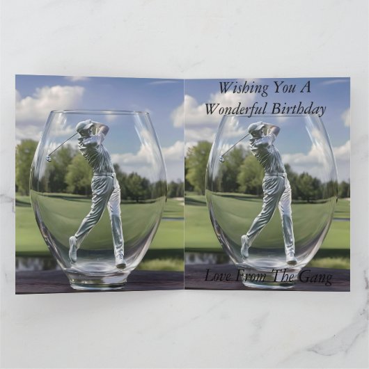 ゴルフ場のあるガラストンブラーの中のゴルフプレーヤー。 カード (内部)