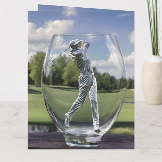 ゴルフ場のあるガラストンブラーの中のゴルフプレーヤー。 カード (裏面)