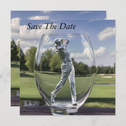 ゴルフ場のあるガラストンブラーの中のゴルフプレーヤー。 セーブザデート (正面/裏面)