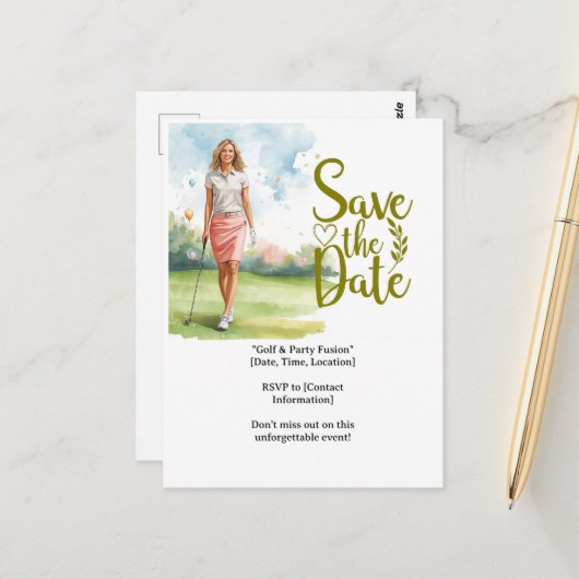 ゴルフ場のグリーンでプレーする女性ゴルファー ポストカード (正面/裏面インサイチュ)