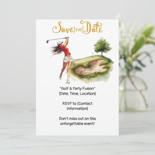 ゴルフ場のグリーンでプレーする女性ゴルファー 招待状 (スタンド正面)