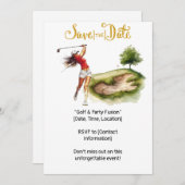 ゴルフ場のグリーンでプレーする女性ゴルファー 招待状 (正面/裏面)