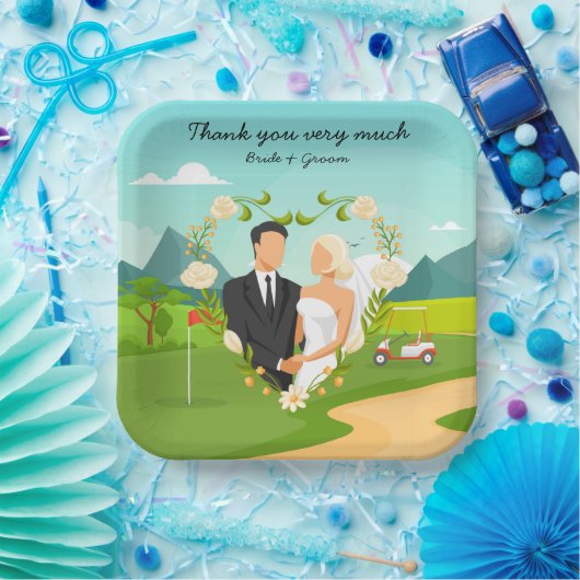 ゴルフ場の新郎新婦のゴルフ結婚場 ペーパープレート (パーティー)