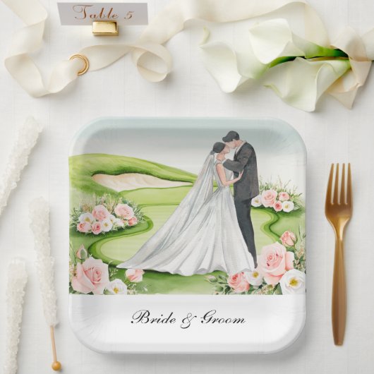 ゴルフ場の新郎新婦ゴルフ結婚場 ペーパープレート (ウェディング)