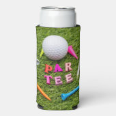 ゴルフ場パーTeeとゴルフボールと緑のTee スリム缶クーラー (Seltzer正面)