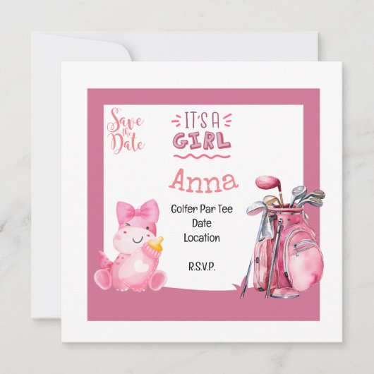 ゴルフ女の子ベビーシャワーピンクのテーマ 招待状 (正面)