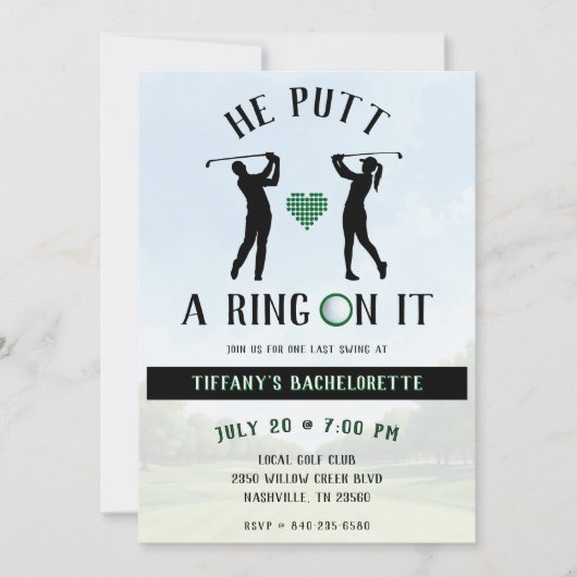 ゴルフ女子会 バチェラー・パーティーグッズ "He Putt a Ring On It" 招待状 (正面)
