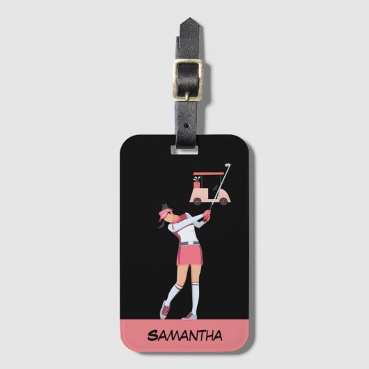 ゴルフ女性はピンク色で名前を付けてゴルフをしている   ラゲッジタグ (正面縦)
