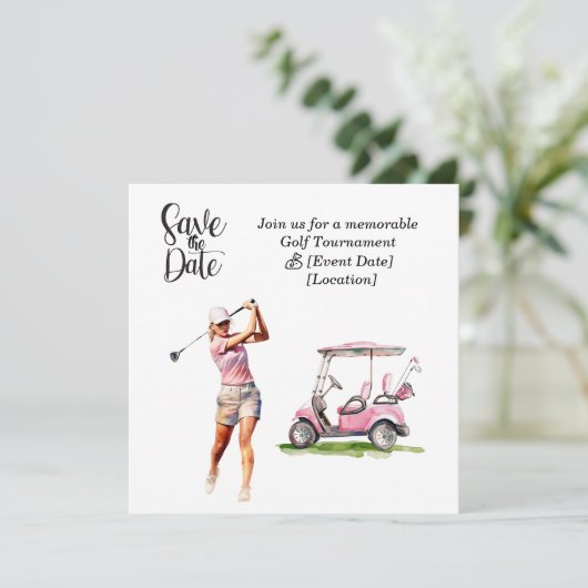 ゴルフ女性ゴルファーの日付パーティーを保存するパーティー 招待状 (スタンド正面)