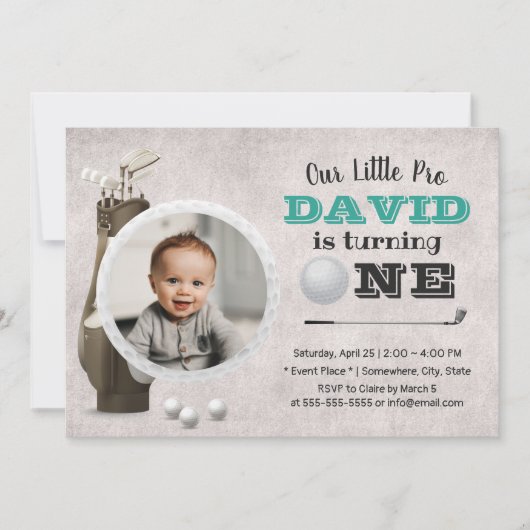 ゴルフ少年フューチャーゴルファーかわいい写真1歳の誕生日 招待状 (正面)