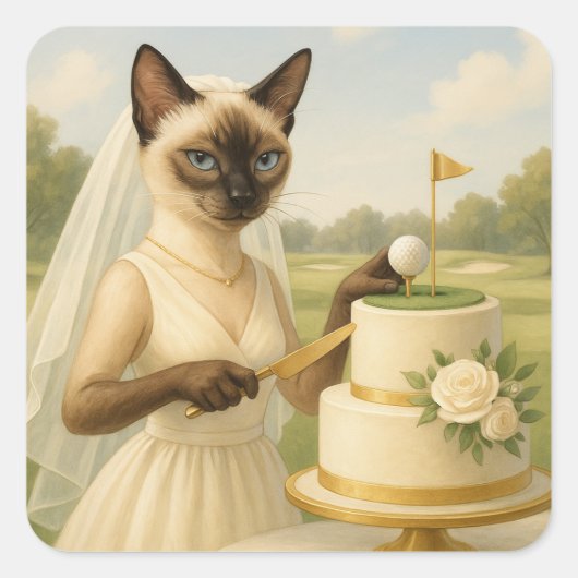 ゴルフ猫の花嫁ゴルファーがケーキ結婚を切っている スクエアシール (正面)