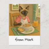 ゴルフ猫好きが朝食を食べている ポストカード (正面)