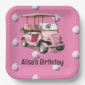 ゴルフ用のピンク色のボールが付いたゴルフカート ペーパープレート (正面)