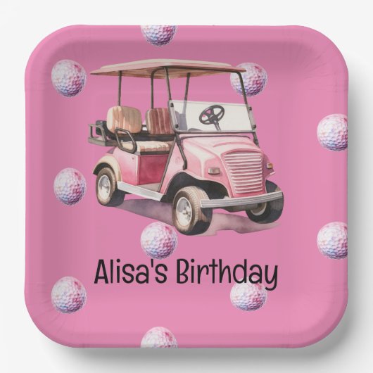 ゴルフ用のピンク色のボールが付いたゴルフカート ペーパープレート (正面)