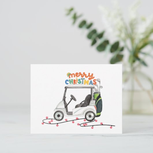 ゴルフ用ゴルフバッグカート付きメリークリスマス シーズンポストカード (スタンド正面)