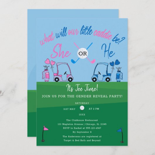 ゴルフ私たちの小さなキャディーがジェンダーに明らかにするもの 招待状 (正面/裏面)