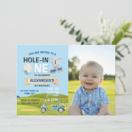 ゴルフ第1ホールインワンフォトバースデーパーティーボーイ 招待状 (スタンド正面)