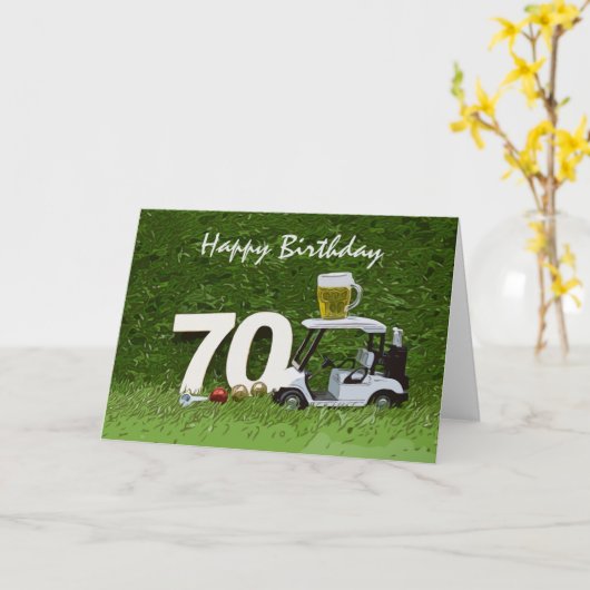 ゴルフ第70回誕生日パーティー（ビールをカートに入れる） カード (黄色い花)