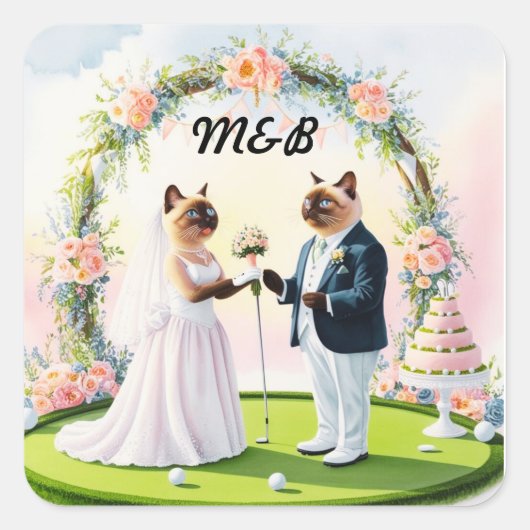 ゴルフ結婚をテーマにした猫好き スクエアシール (正面)