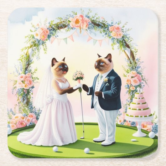 ゴルフ結婚をテーマにした猫好き スクエアペーパーコースター (正面)