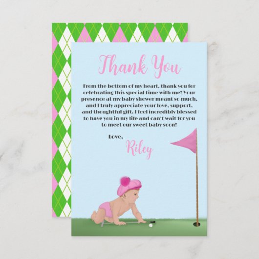 ゴルフ絵画のベビーガール甘いキャディ赤ちゃんシャワー サンキューカード (正面/裏面)