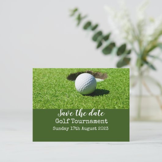 ゴルフ緑のゴルフボールで日付を保存 案内ポストカード (スタンド正面)