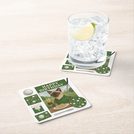 ゴルフ誕生日をテーマにした猫好き スクエアペーパーコースター (インサイチュ)