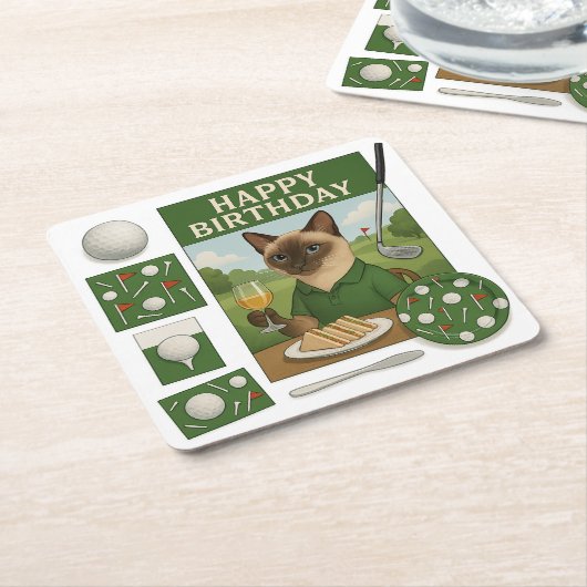 ゴルフ誕生日をテーマにした猫好き スクエアペーパーコースター (アングル)