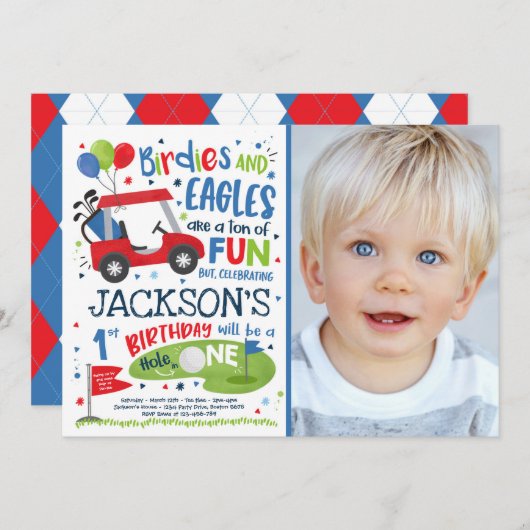 ゴルフ誕生日ホールインワンゴルフ第1誕生日パーティー 招待状 (正面/裏面)