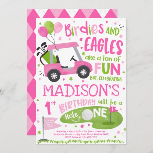 ゴルフ誕生日ホールインワンゴルフ1回目の誕生日パーティー 招待状 (正面/裏面)