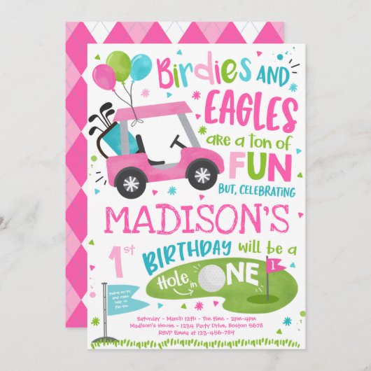 ゴルフ誕生日ホールインワンゴルフ1回目の誕生日パーティー 招待状 (正面/裏面)