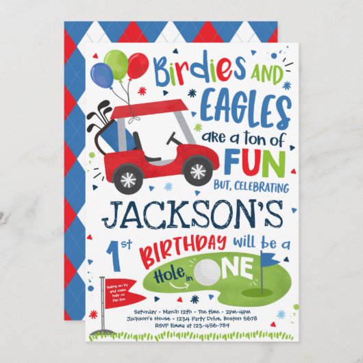 ゴルフ誕生日ホールインワンゴルフ1歳誕生日パーティー  招待状 (正面/裏面)