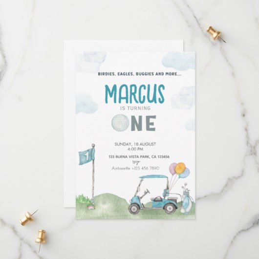 ゴルフ誕生日招待状ボーイテンプレートゴルフコース セーブザデート (正面/裏面インサイチュ)