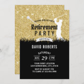 ゴルフ退職パーティーモダン金ゴールドグリッター 招待状 (正面/裏面)