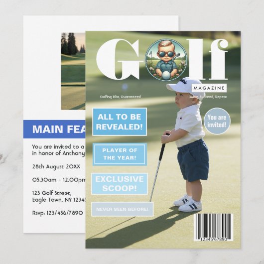 ゴルフ雑誌の表紙風 少年誕生日パーティー 招待状 (正面/裏面)