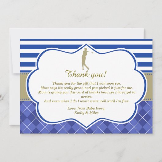 ゴルフ青い金ゴールドのサンキューカードのベビーシャワー サンキューカード (正面)