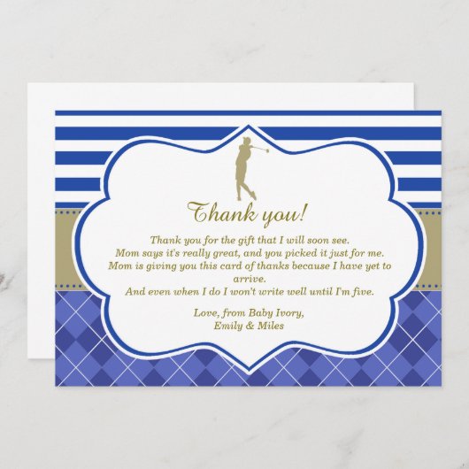 ゴルフ青い金ゴールドのサンキューカードのベビーシャワー サンキューカード (正面/裏面)
