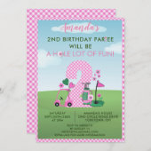 ゴルフ魅力的ピンクガール2ndバースデーパーティー 招待状 (正面/裏面)