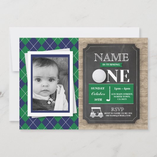 ゴルフ1stファーストワン1バースデーパーティフォト招待状 招待状 (正面)