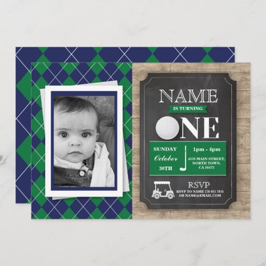 ゴルフ1stファーストワン1バースデーパーティフォト招待状 招待状 (正面/裏面)