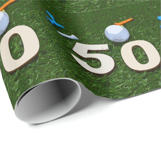 ゴルフ50番目の誕生日でゴルフボールと緑の上のティー ラッピングペーパー (ロールコーナー)