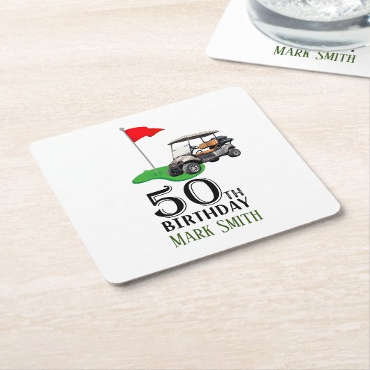 ゴルフ50番誕生日ゴルフの旗で スクエアペーパーコースター (アングル)