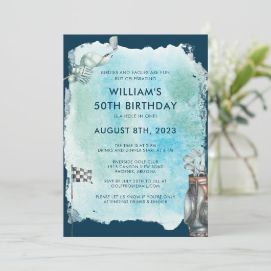 ゴルフ50thバースデーパーティー水の色 招待状 (スタンド正面)