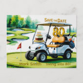 ゴルフ80歳の誕生日 ゴルフカートとパッティンググリーン ポストカード (正面)