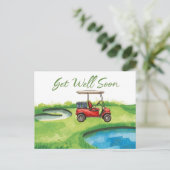 ゴルフ すぐに回復してね。緑のゴルフコースでゴルフカート ポストカード (スタンド正面)